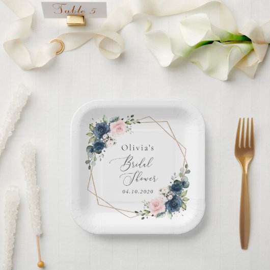 Blaue Navy Blumen, rosa Blume, Brautparty Pappteller (Hochzeit)