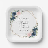 Blaue Navy Blumen, rosa Blume, Brautparty Pappteller (Vorderseite)