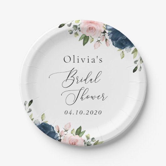 Blaue Navy Blumen, rosa Blume, Brautparty Pappteller (Vorderseite)
