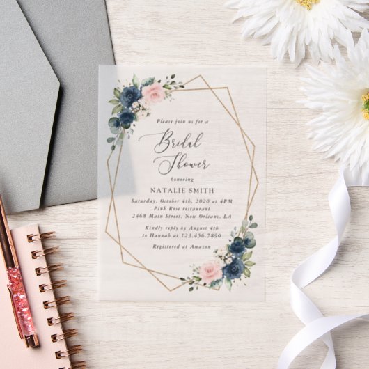 Blaue Navy Blumen, rosa Blume, Brautparty Pergament Einladungen (Hochzeit)