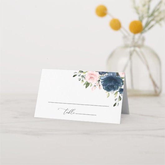 Blaue Navy Blumen, rosa Blume, Brautparty Platzkarte (Vorderseite)