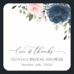 Blaue Navy Blumen, rosa Blume, Brautparty Quadratischer Aufkleber<br><div class="desc">Fügen Sie Ihrem Brautparty eine persönliche Touch mit diesen stilvollen und unvergesslichen Party hinzu! Das Design ist mit Marineblau- und Rosa-Blume und Grün auf weißem Hintergrund gestaltet.</div>