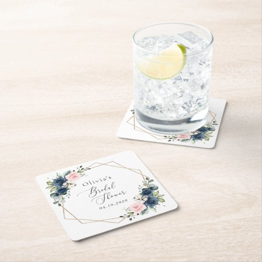 Blaue Navy Blumen, rosa Blume, Brautparty Rechteckiger Pappuntersetzer (Vor Ort)