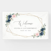 Blaue Navy Blumen, rosa Blume, GeburtstagsWillkomm Banner (Horizontal)