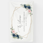 Blaue Navy Blumen, rosa Blume, GeburtstagsWillkomm Banner (Vertikal)
