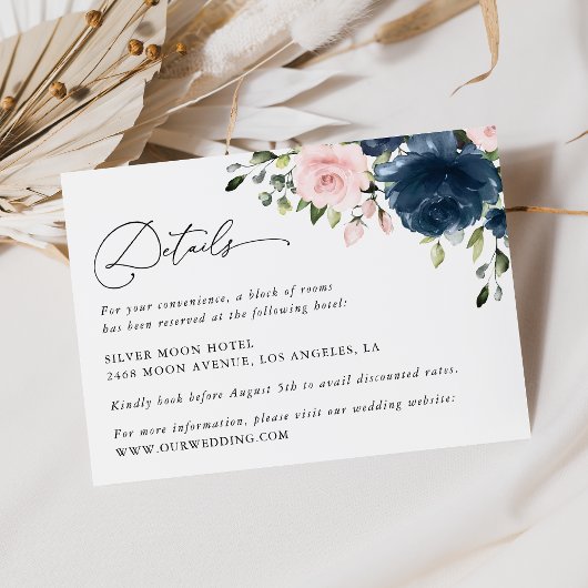 Blaue Navy Blumen, rosa Blume, Hochzeitsdetails Begleitkarte