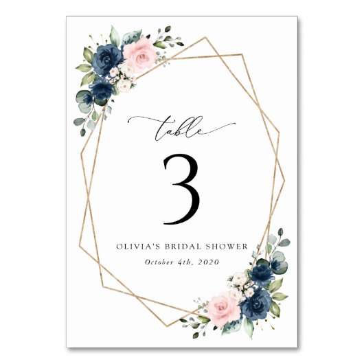 Blaue Navy Blumen, rosa Blume, Tischnummern (Rückseite)