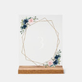 Blaue Navy Blumen, rosa Blume, Tischnummern Acrylschild (Vorderseite)