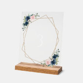 Blaue Navy Blumen, rosa Blume, Tischnummern Acrylschild (Winkel)