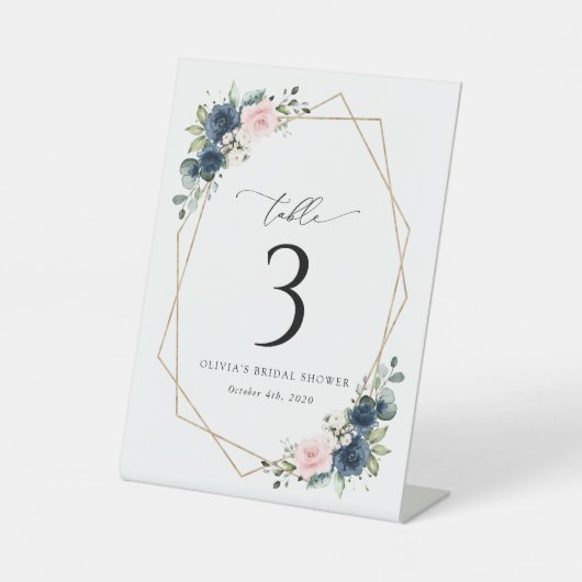 Blaue Navy Blumen, rosa Blume, Tischnummern Sockelschild (Vorderseite)