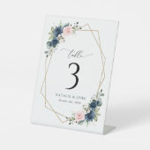 Blaue Navy Blumen, rosa Blume, Tischnummern Sockelschild (Vorderseite)