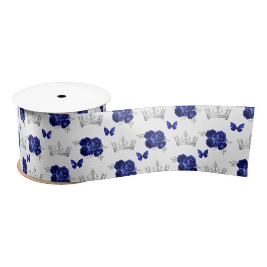 Blaue Navy Blumen und Silberkröne Satinband (Spule)