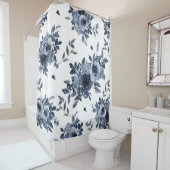 Blaue Navy-Blüten auf Weiß Duschvorhang (Beispiel)