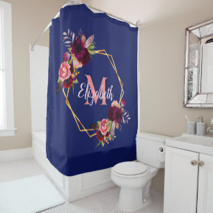 Blaue Navy Florals, goldene geometrische Monogramm Duschvorhang