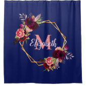 Blaue Navy Florals, goldene geometrische Monogramm Duschvorhang (Vorderseite)