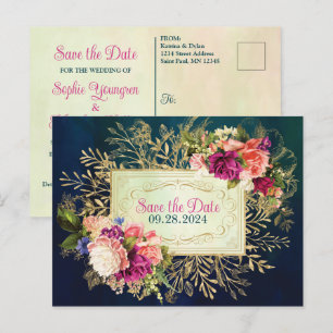 Blaue, Navy, Grüne, Goldene Kühne Blumen - Save-th Postkarte