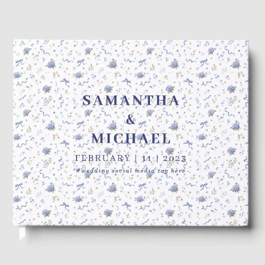 Blaue Navy-Minimal-Blumenmuster-Hochzeit Gästebuch (Vorderseite)