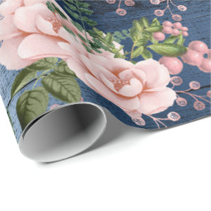 Blaue Navy Pink Roses Woodland Rustikale Blumengrü Geschenkpapier
