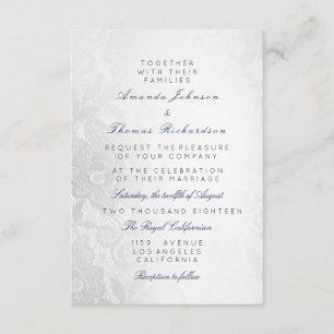Blaue Navy Silber Graue Spitze Hochzeit Floral Einladung