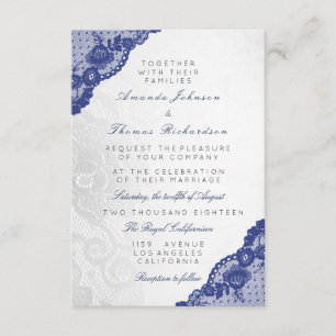 Blaue Navy Silber Graue Spitze Hochzeit Zart Einladung