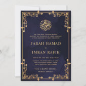 Blaue Navy Vintag-Gold-Border-Hochzeit Einladung (Vorderseite)