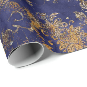 Blaue Navy Warme Gold Blumen Grungy Shabby Chic Geschenkpapier