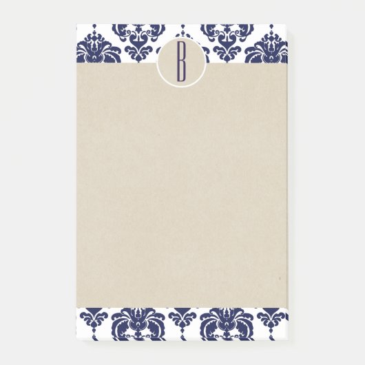 Blaue Navy Weiße Glam Damast Kraft Monogramm Initi Post-it Klebezettel (Vorderseite)