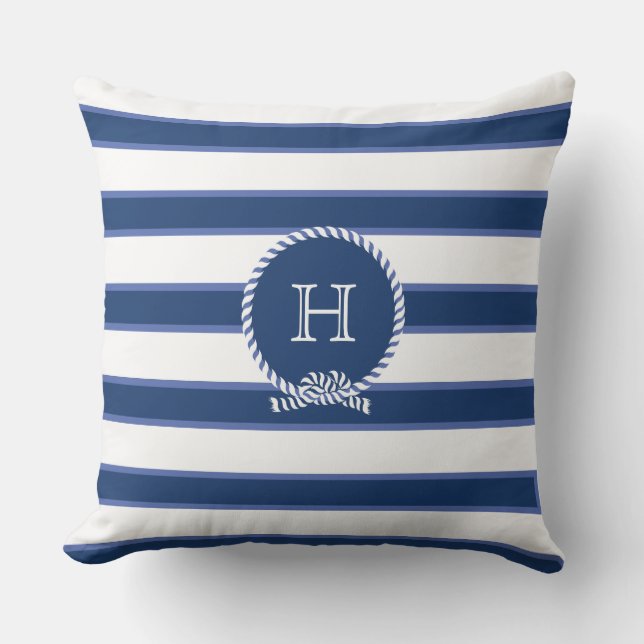 Blaue Navy White Naugram Monogram Modern Stripes O Kissen (Vorderseite)