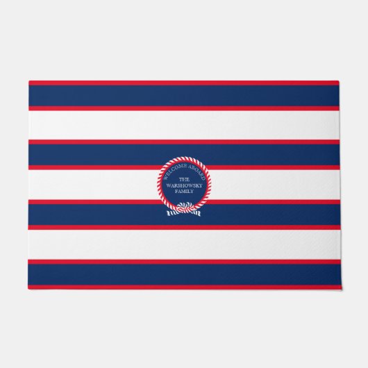 Blaue Navy White Nautical Monogram Strip Fußmatte (Vorderseite)