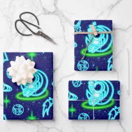 Blaue Nebel glühende Raumsonnenraketen Geschenkpapier Set