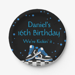 Blaue Neon-Sneaker-Geburtstag, Glitter Pappteller