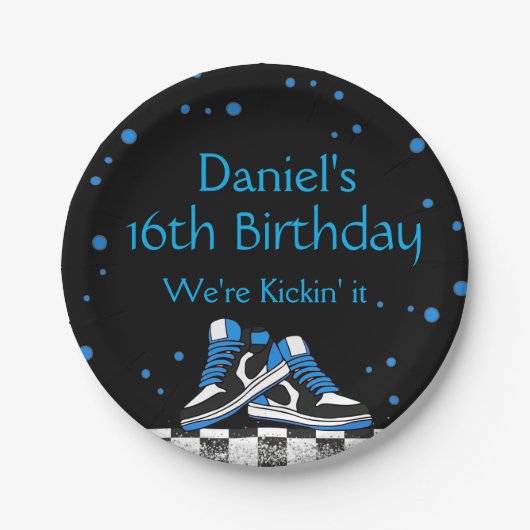 Blaue Neon-Sneaker-Geburtstag, Glitter Pappteller (Vorderseite)