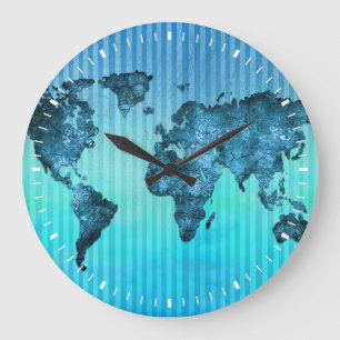 Blaue Neonstreifen der Weltkarte-  Große Wanduhr
