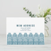 Blaue neue Adresse mit Retro-Cartoon-Gebäude Einladung (Stehend Vorderseite)