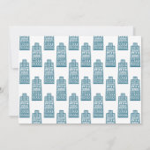 Blaue neue Adresse mit Retro-Cartoon-Gebäude Einladung (Rückseite)