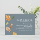 Blaue, neutrale Fallleaf, horizontale Babydusche Einladung (Stehend Vorderseite)