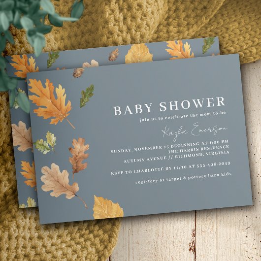 Blaue, neutrale Fallleaf, horizontale Babydusche Einladung