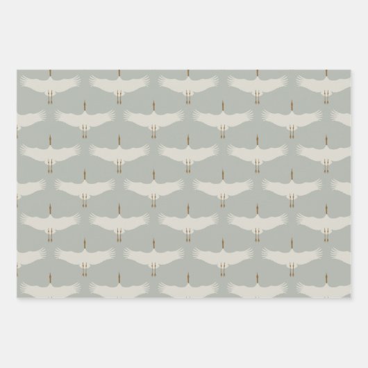 Blaue, neutrale Vogelkrane Art-Déco-Muster Geschenkpapier Set (Vorderseite)