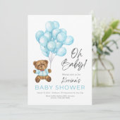 BLAUE NIEDLICH OH BABY TEDDY BAR AND BALLOONS EINLADUNG (Stehend Vorderseite)