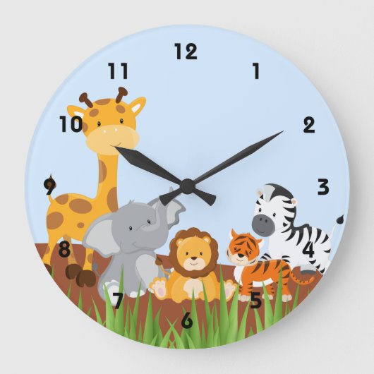 Blaue Niedliche Jungle-Baby-Mauer Große Wanduhr (Vorderseite)