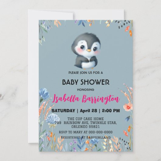 Blaue Niedliche Pinguine süße Blume Babydusche Kin Einladung (Vorderseite)
