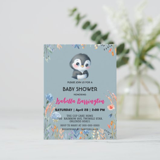 Blaue Niedliche Pinguine süße Blume Babydusche Kin Postkarte (Stehend Vorderseite)