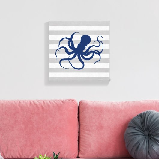 Blaue Octopus Grau-weiße Streifen Leinwanddruck (Insitu (Wohnzimmer))