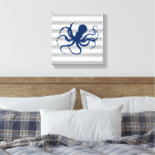 Blaue Octopus Grau-weiße Streifen Leinwanddruck (Insitu (Schlafzimmer))
