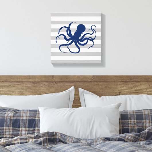 Blaue Octopus Grau-weiße Streifen Leinwanddruck (Insitu (Schlafzimmer))