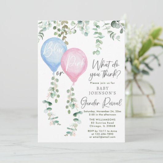 Blaue oder rosa Ballons, Grüne und Genus Einladung (Stehend Vorderseite)