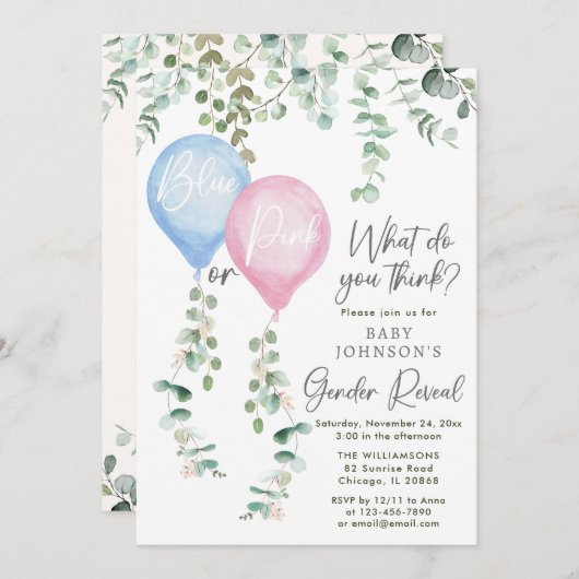 Blaue oder rosa Ballons, Grüne und Genus Einladung (Vorne/Hinten)
