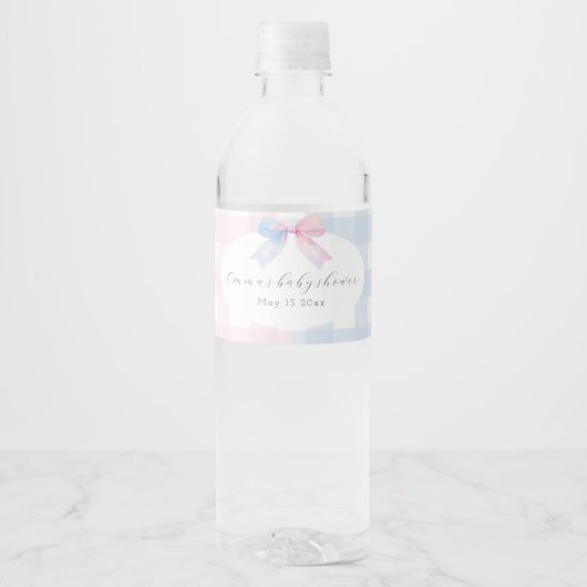Blaue oder rosa Gingham Bow Genewater Flasche Labe Wasserflaschenetikett (Vorderseite)