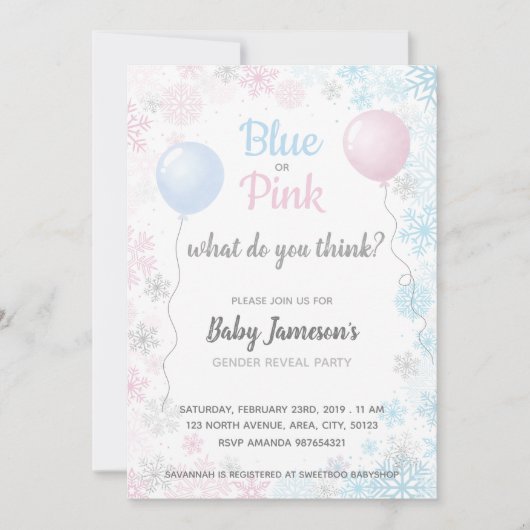 Blaue oder rosa Schneeflocken Geschlecht zeigt Kin Einladung (Vorderseite)