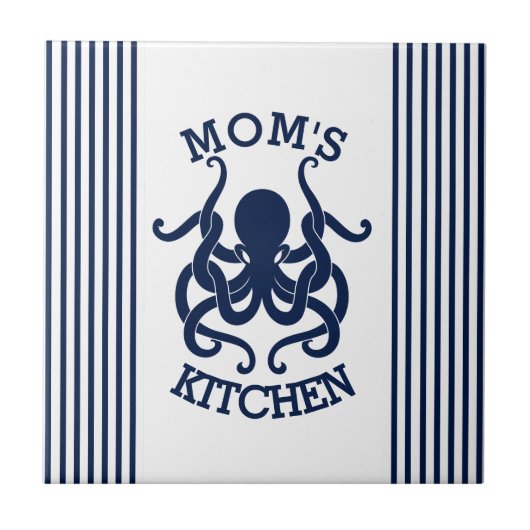 Blaue Oktopus & Blaue und weiße Streifen Fliese (Vorderseite)